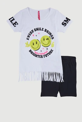 Girls Sequin Smile Everyday Graphic Tee and Biker Shorts, White, Size 10-12