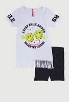 Girls Sequin Smile Everyday Graphic Tee and Biker Shorts, White, Size 10-12