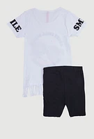 Girls Sequin Smile Everyday Graphic Tee and Biker Shorts, White, Size 10-12