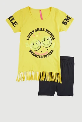 Girls Sequin Smile Everyday Graphic Tee and Biker Shorts, Yellow, Size 7-8