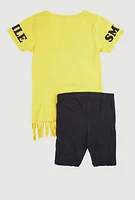 Girls Sequin Smile Everyday Graphic Tee and Biker Shorts, Yellow, Size 7-8