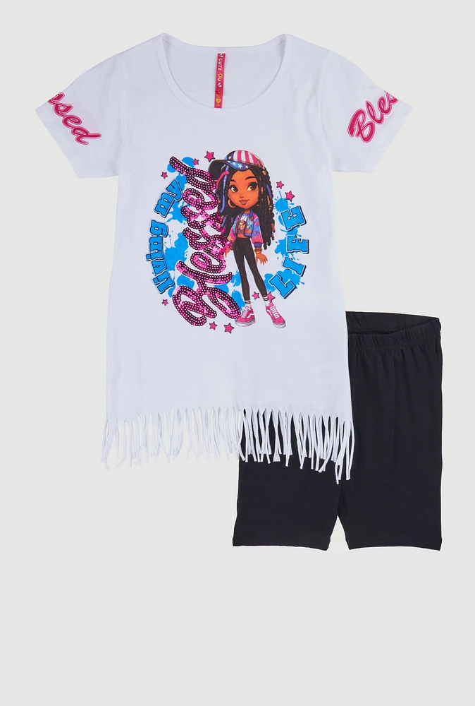 Girls Sequin Blessed Life Graphic Tee and Biker Shorts, Yellow, Size 10-12