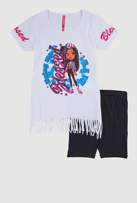 Girls Sequin Blessed Life Graphic Tee and Biker Shorts, Yellow, Size 10-12
