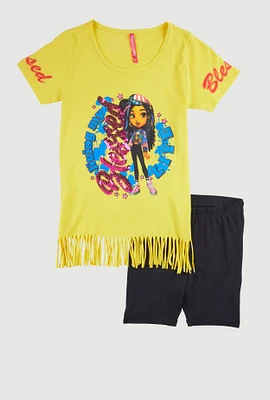 Girls Sequin Blessed Life Graphic Tee and Biker Shorts, Yellow, Size 7-8