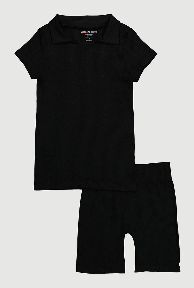 Girls Seamless Ribbed Knit Polo Shirt and Bike Shorts Set, 10-12