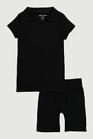 Girls Seamless Ribbed Knit Polo Shirt and Bike Shorts Set, 10-12