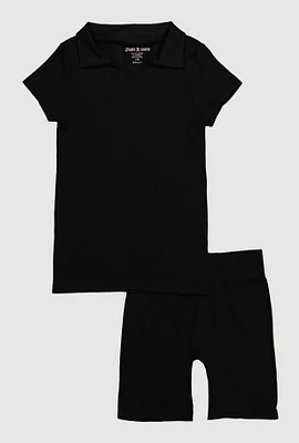 Girls Seamless Ribbed Knit Polo Shirt and Bike Shorts Set,