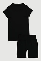 Girls Seamless Ribbed Knit Polo Shirt and Bike Shorts Set, 10-12