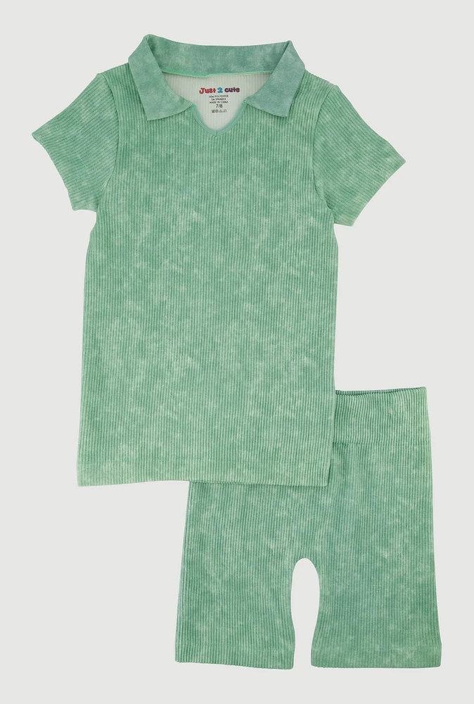Girls Trendy Seamless Rib Knit Mineral Wash Polo Shirt and Shorts,