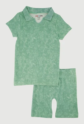 Girls Trendy Seamless Rib Knit Mineral Wash Polo Shirt and Shorts,