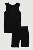 Girls Ribbed Knit Seamless Tank Top and Bike Shorts 2 Piece Set,