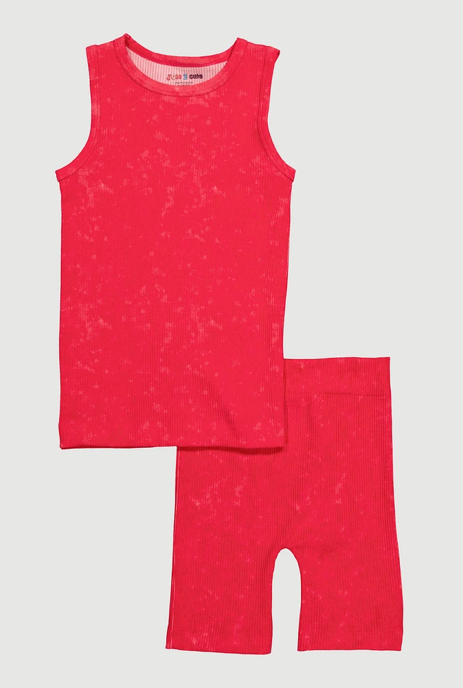 Girls Trendy Mineral Wash Muscle Tee and Biker Shorts Set, Pink, Size 14-16