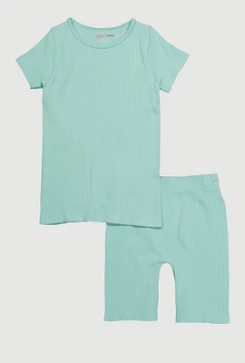 Girls Seamless Ribbed Knit Tee and Bike Shorts 2 Piece Set, Green,