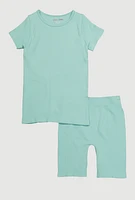 Girls Seamless Ribbed Knit Tee and Bike Shorts 2 Piece Set, Green,