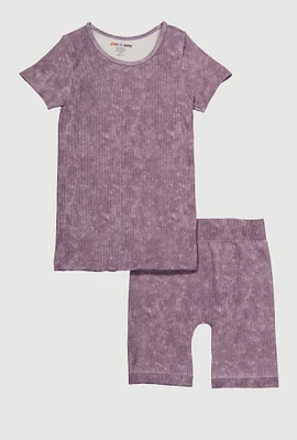 Girls Trendy Acid Wash Seamless Tee and Biker Shorts 2 Piece Set, Purple, Size 7-8