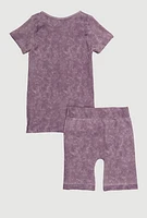 Girls Trendy Acid Wash Seamless Tee and Biker Shorts 2 Piece Set, Purple, Size 7-8