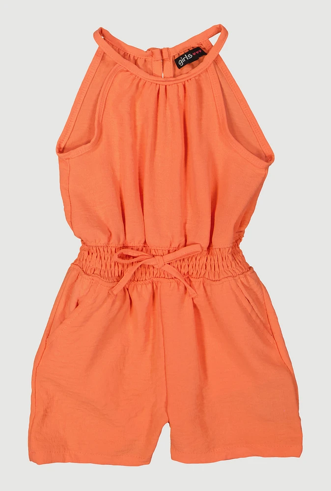 Little Girls Smocked Waist Sleeveless Romper, Orange, Size 4