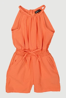 Little Girls Smocked Waist Sleeveless Romper, Orange, Size 4