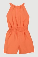 Little Girls Smocked Waist Sleeveless Romper, Orange, Size 4