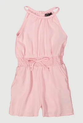 Little Girls Smocked Waist Sleeveless Romper, Pink, Size 5-6