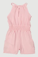 Little Girls Smocked Waist Sleeveless Romper, Pink, Size 5-6