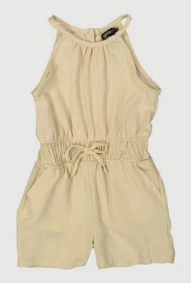 Little Girls Smocked Waist Sleeveless Romper, Beige, Size 6X
