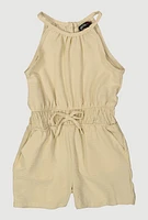 Little Girls Smocked Waist Sleeveless Romper, Beige, Size 6X