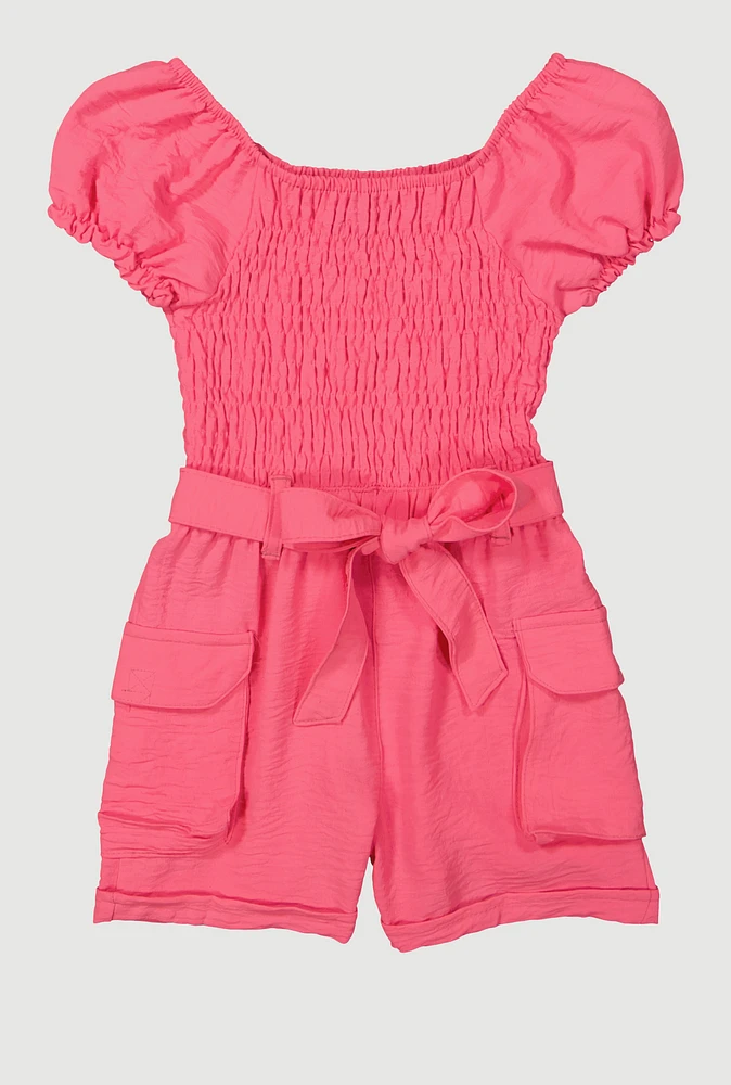 Little Girls Crepe Knit Smocked Cargo Romper, 5-6