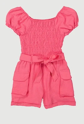 Little Girls Crepe Knit Smocked Cargo Romper, 5-6