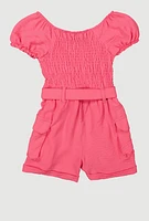 Little Girls Crepe Knit Smocked Cargo Romper, 5-6