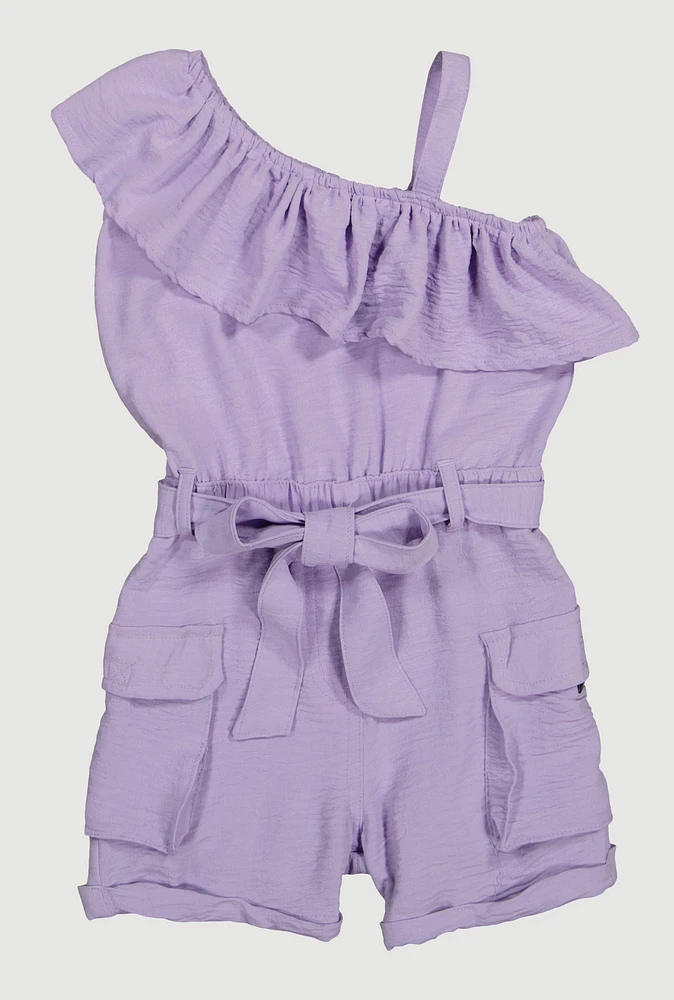 Little Girls Ruffle One Shoulder Cargo Romper, Purple, Size 4