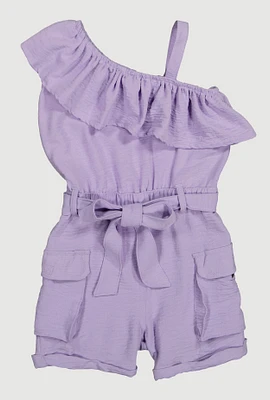 Little Girls Ruffle One Shoulder Cargo Romper, Purple, Size 4