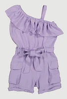 Little Girls Ruffle One Shoulder Cargo Romper, Purple, Size 4