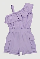 Little Girls Ruffle One Shoulder Cargo Romper, Purple, Size 4