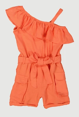 Little Girls Ruffle One Shoulder Cargo Romper, Orange, Size 5-6
