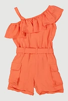 Little Girls Ruffle One Shoulder Cargo Romper, Orange, Size 5-6
