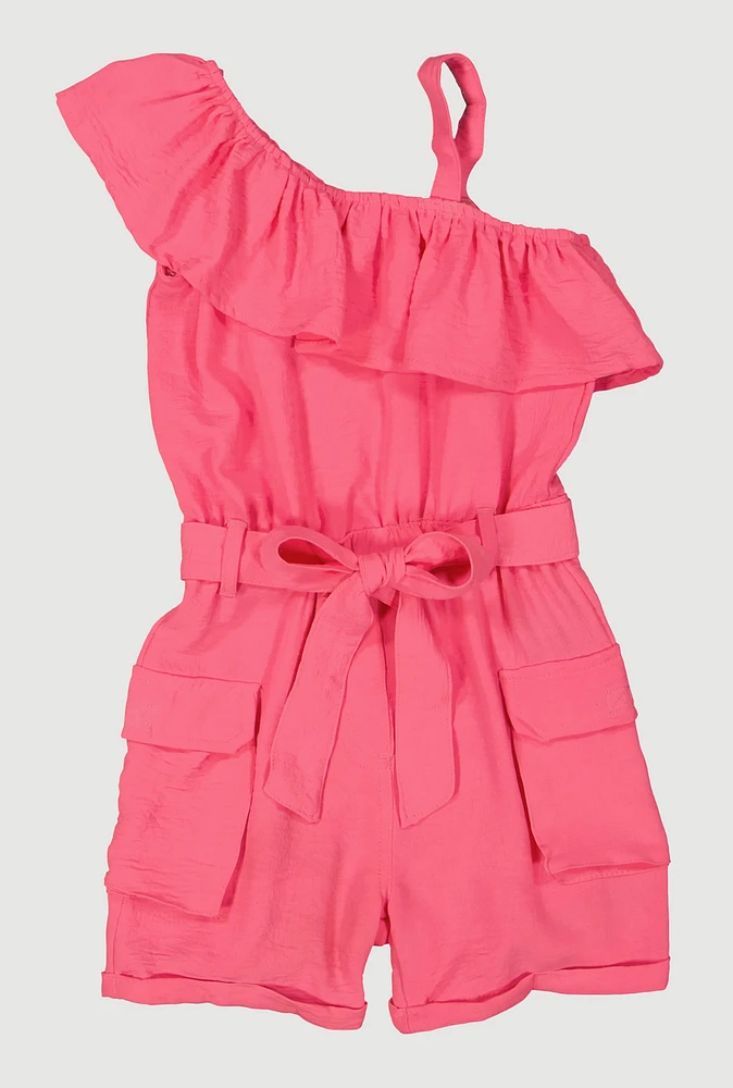 Little Girls Ruffle One Shoulder Cargo Romper, Pink, Size 4