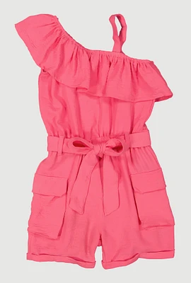 Little Girls Ruffle One Shoulder Cargo Romper, Pink, Size 4