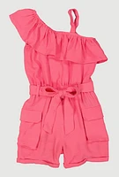 Little Girls Ruffle One Shoulder Cargo Romper, Pink, Size 4