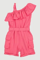 Little Girls Ruffle One Shoulder Cargo Romper, Pink, Size 4