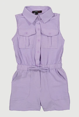Little Girls Sleeveless Button Front Romper, Purple, Size 5-6