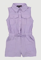 Little Girls Sleeveless Button Front Romper, Purple, Size 5-6
