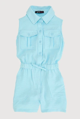 Little Girls Sleeveless Button Front Romper, Blue, Size 5-6