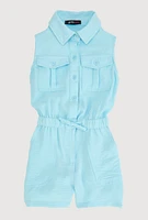 Little Girls Sleeveless Button Front Romper, Blue, Size 5-6