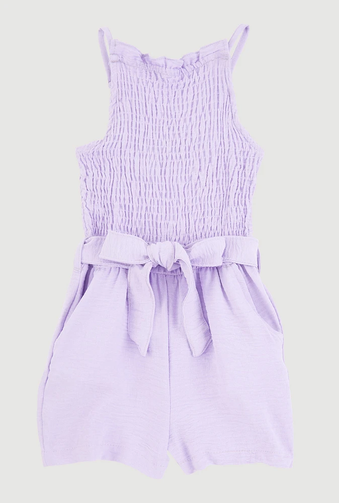 Little Girls Sleeveless Smocked Romper, Purple,