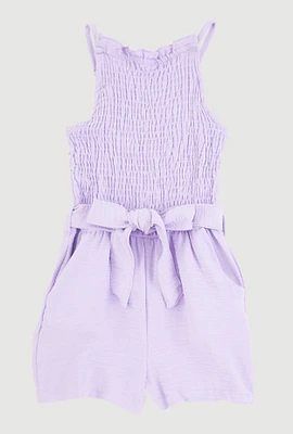 Little Girls Sleeveless Smocked Romper, Purple,