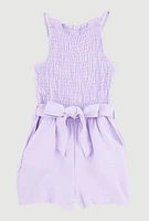 Little Girls Sleeveless Smocked Romper, Purple,