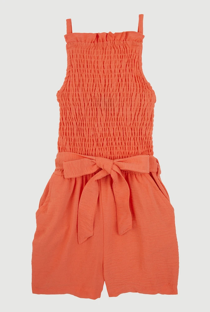 Little Girls Sleeveless Smocked Romper, Orange, Size 5-6