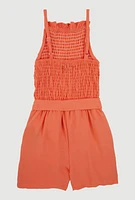 Little Girls Sleeveless Smocked Romper, Orange, Size 5-6