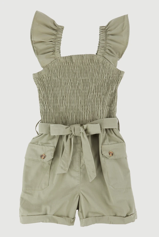 Little Girls Smocked Cargo Pocket Romper, Green, Size 4